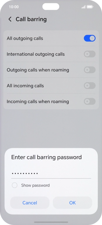Key in your barring password and press OK.