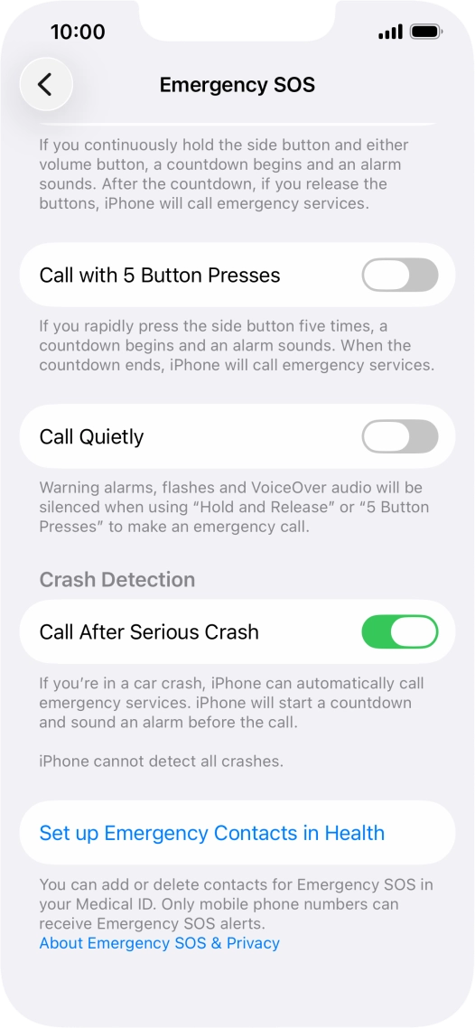 Press Set up Emergency Contacts in Health and follow the instructions on the screen to key in your emergency info and emergency contacts.