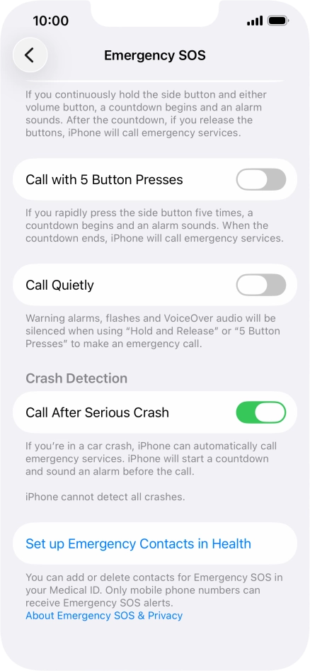 Press Set up Emergency Contacts in Health and follow the instructions on the screen to key in your emergency info and emergency contacts.