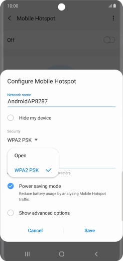 Press WPA2 PSK to password protect your Wi-Fi hotspot.