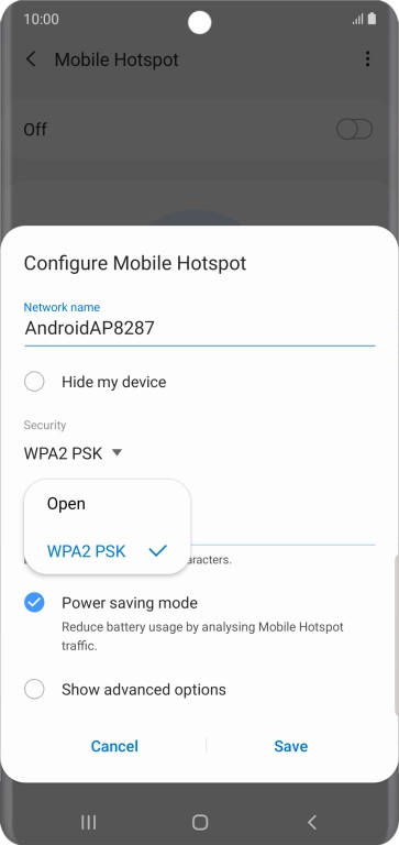 Press WPA2 PSK to password protect your Wi-Fi hotspot.