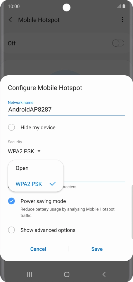 Press WPA2 PSK to password protect your Wi-Fi hotspot.