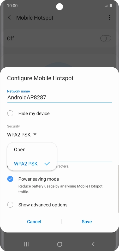 Press WPA2 PSK to password protect your Wi-Fi hotspot.