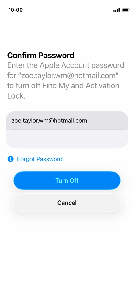 Key in the password for your Apple Account and press Turn Off. Wait a moment while the factory default settings are restored. Follow the instructions on the screen to set up your phone and prepare it for use.