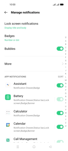 Press the indicators next to the required apps to turn the function on or off.