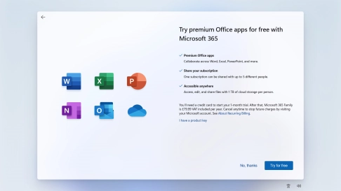 Follow the instructions on the screen to subscribe to Microsoft Office or click No, thanks to finish setting up your laptop.