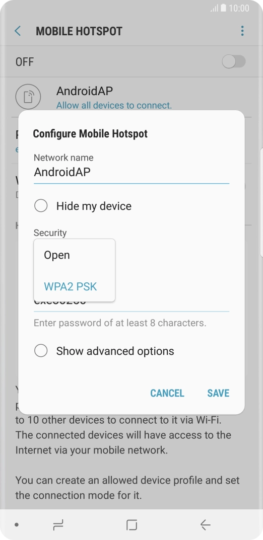 Press WPA2 PSK to password protect your Wi-Fi hotspot.