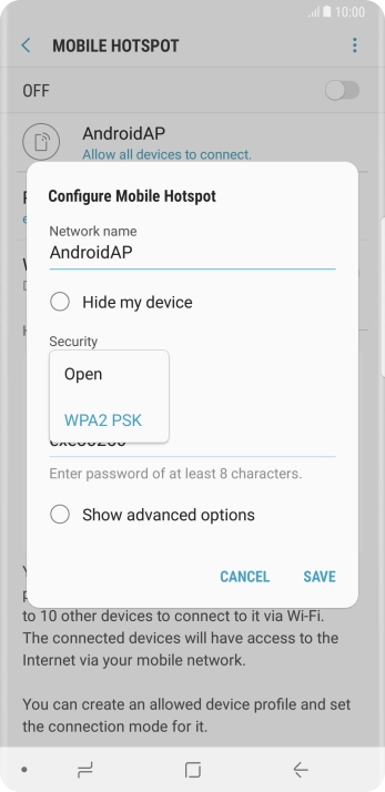 Press WPA2 PSK to password protect your Wi-Fi hotspot.