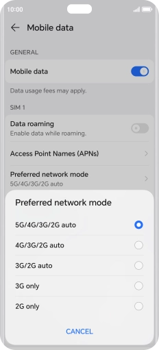 Press the required network mode.
