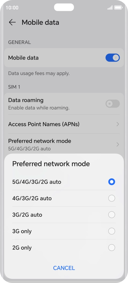 Press the required network mode.