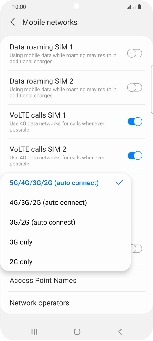 Press the required network mode.