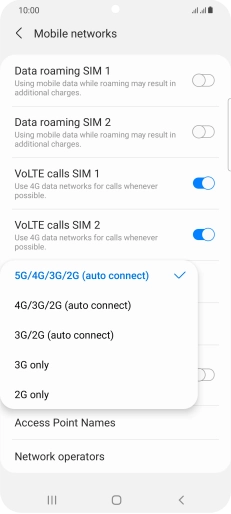 Press the required network mode.