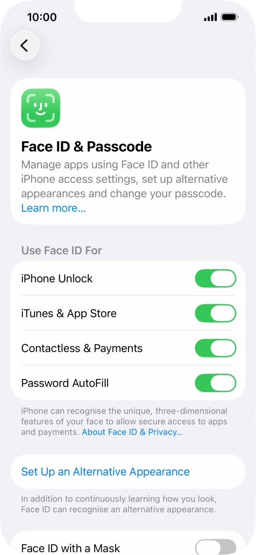 Press the indicators next to the required settings to turn them on or off.