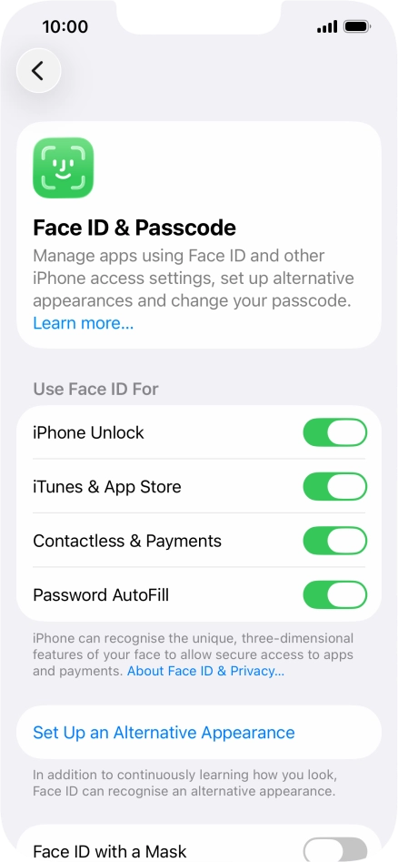 Press the indicators next to the required settings to turn them on or off.