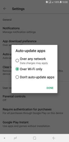 To turn on automatic update of apps using mobile network, press Over any network Data charges may apply.