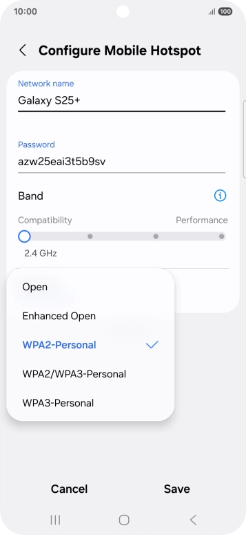 Press WPA3-Personal to password protect your Wi-Fi hotspot.