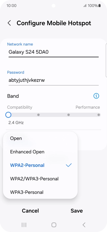 Press WPA3-Personal to password protect your Wi-Fi hotspot.