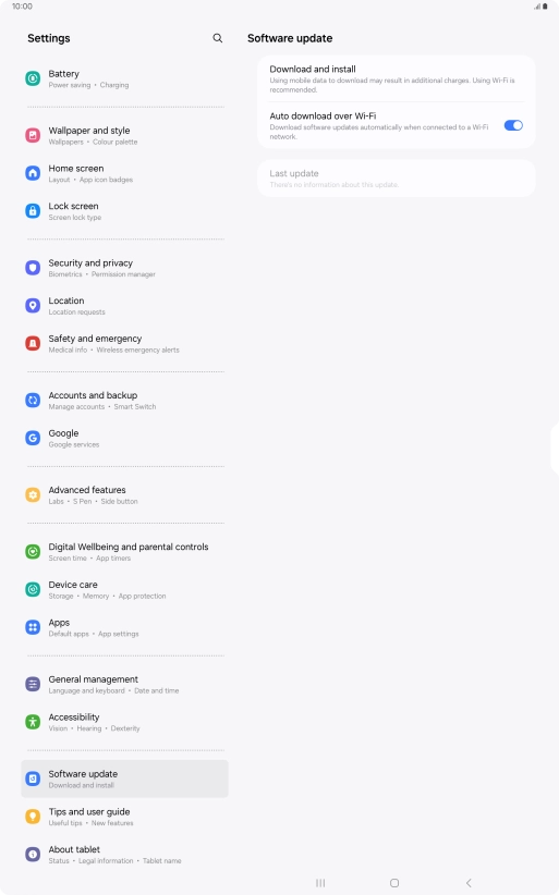 Press Download and install. If a new software version is available, it's displayed. Follow the instructions on the screen to update the tablet software.