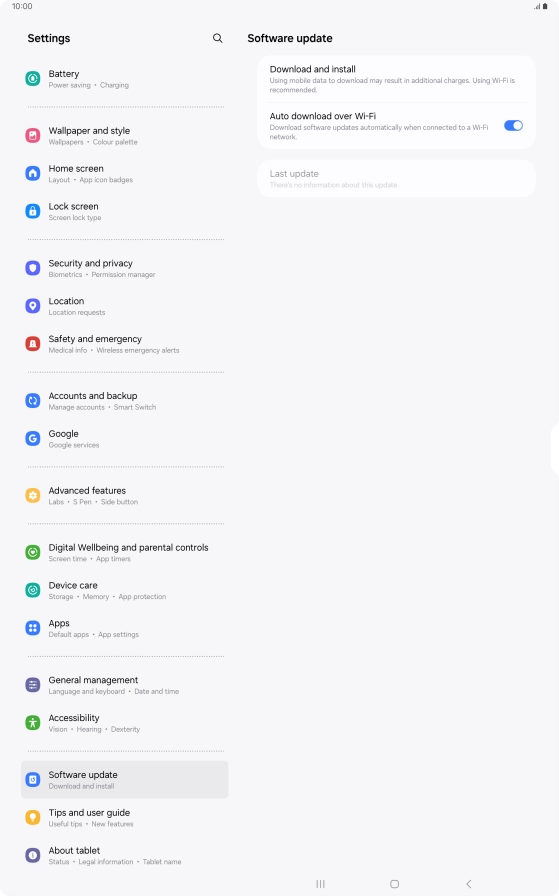 Press Download and install. If a new software version is available, it's displayed. Follow the instructions on the screen to update the tablet software.