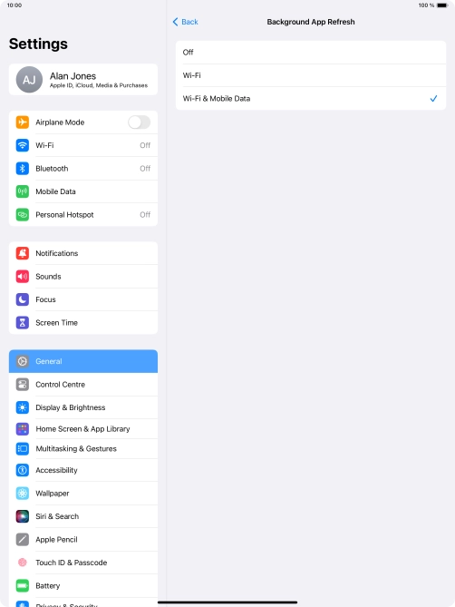 To turn off background refresh of apps, press Off.