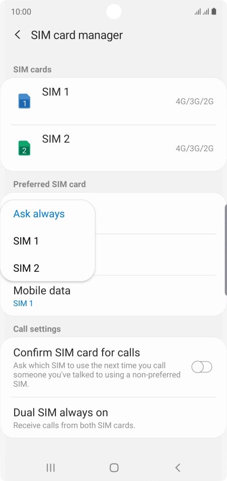 Press the required setting.