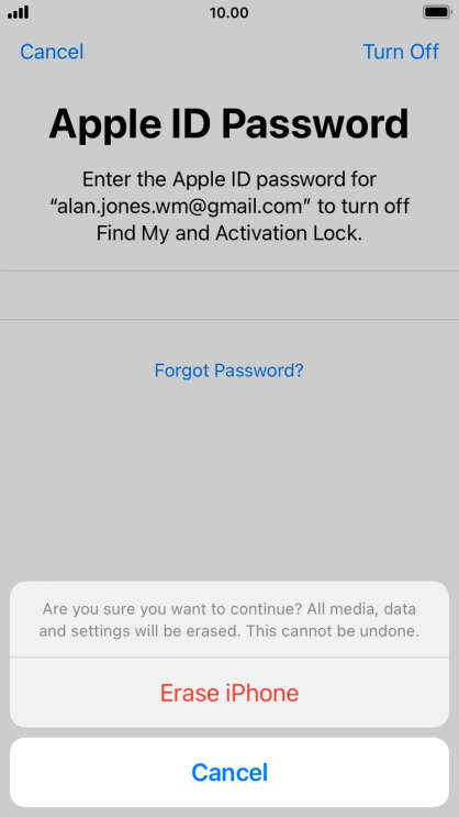 Key in the password for your Apple ID and press Erase iPhone. Wait a moment while the factory default settings are restored. Follow the instructions on the screen to set up your phone and prepare it for use.