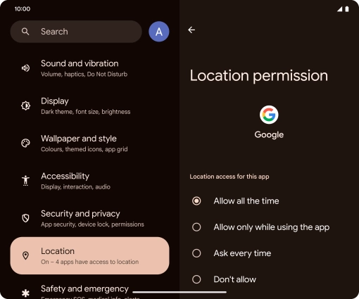 Press the required setting.