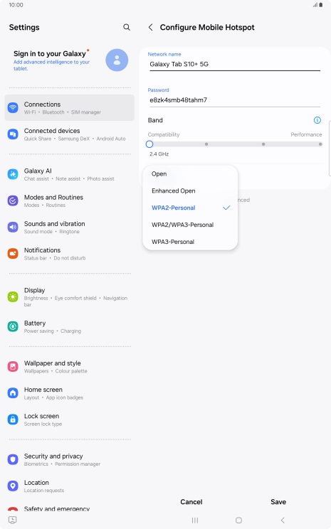 Press WPA3-Personal to password protect your Wi-Fi hotspot.