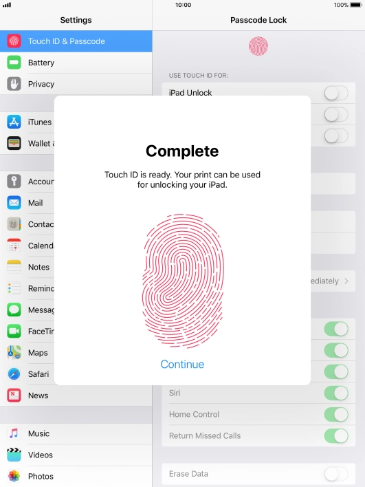Press Continue. If you haven't previously selected a lock code, key in a code of your own choice twice.