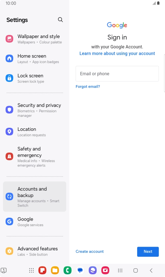 If you don't have a Google account, press Create account and follow the instructions on the screen to create an account.