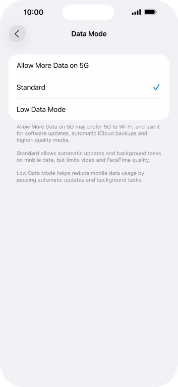 Press the required setting.
