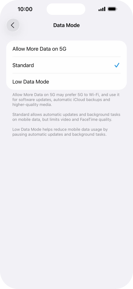Press the required setting.