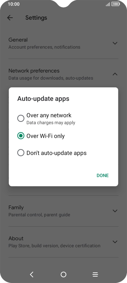 To turn on automatic update of apps using mobile network, press Over any network.
