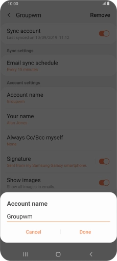 Key in the required name for the email account and press Done.