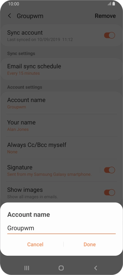 Key in the required name for the email account and press Done.