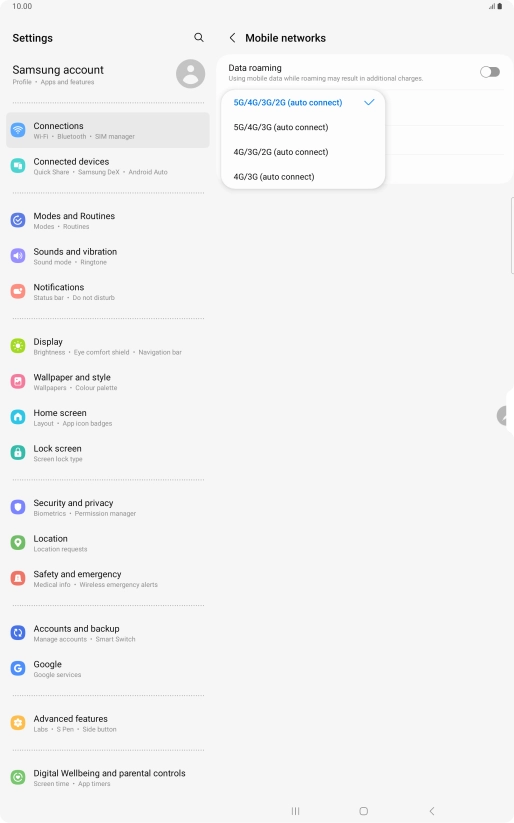 Press the required network mode.