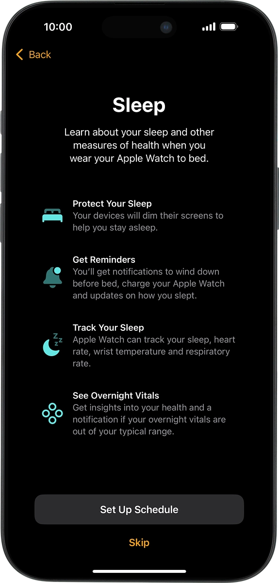 On your phone: Follow the instructions on the screen to select sleep settings or press Skip.