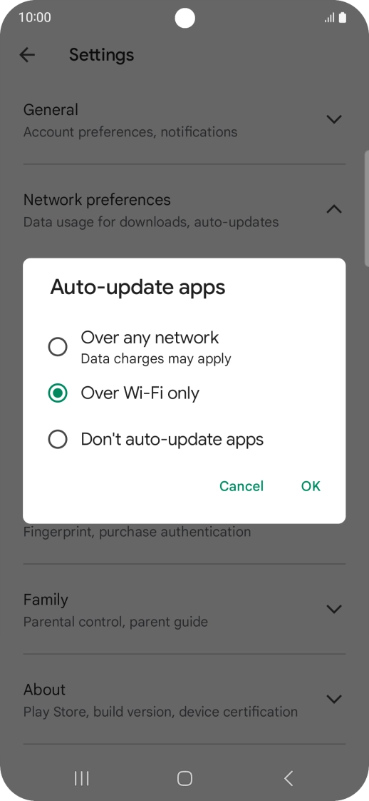 To turn on automatic update of apps using mobile network, press Over any network.