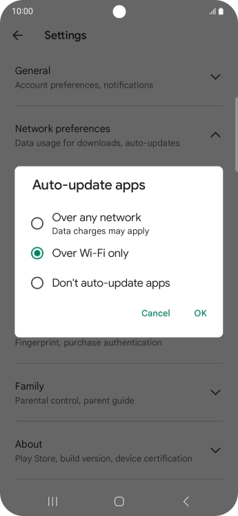 To turn on automatic update of apps using mobile network, press Over any network.