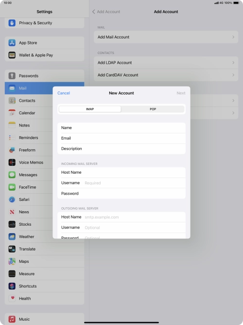 Press Username and key in the username for your email account.