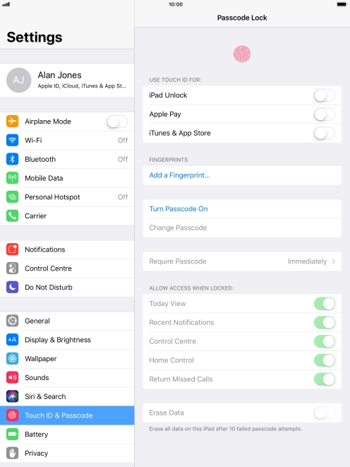 Press Turn Passcode On and key in a lock code of your own choice twice.