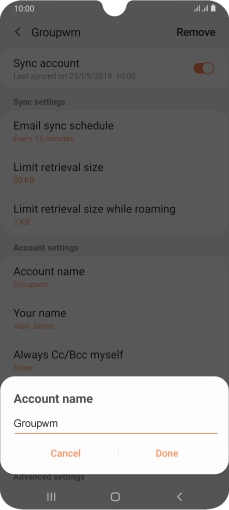 Key in the required name for the email account and press Done.