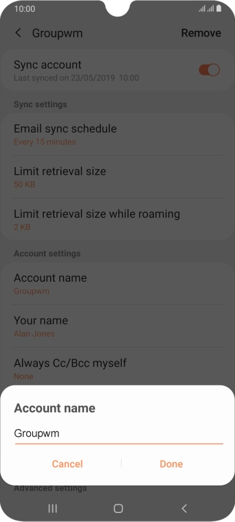 Key in the required name for the email account and press Done.
