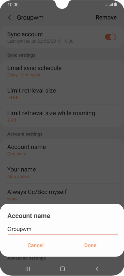 Key in the required name for the email account and press Done.