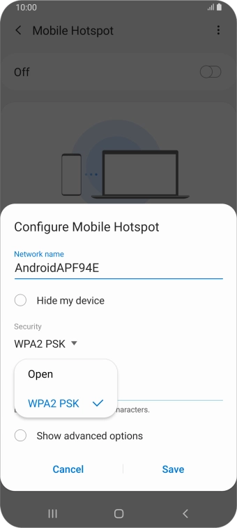 Press WPA2 PSK to password protect your Wi-Fi hotspot.
