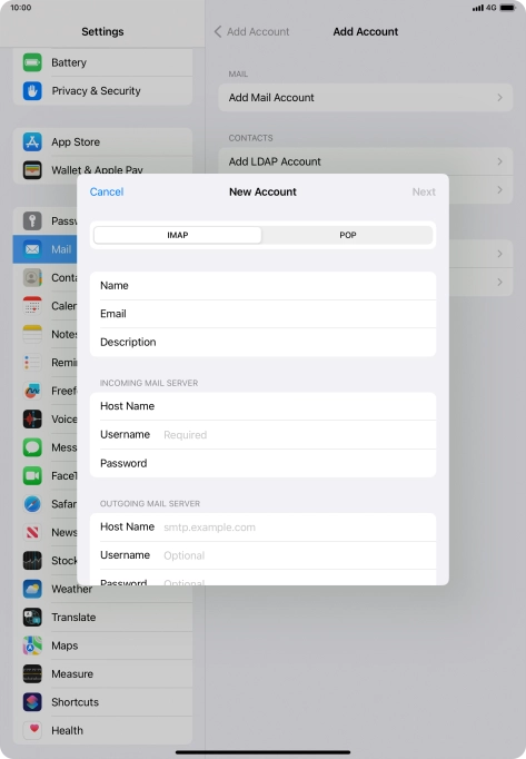 Press Username and key in the username for your email account.