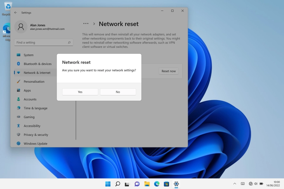 Click Yes to reset your network settings. Your laptop needs to restart and you must establish a connection to a Wi-Fi of mobile network again.
