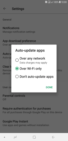 To turn on automatic update of apps using mobile network, press Over any network Data charges may apply.
