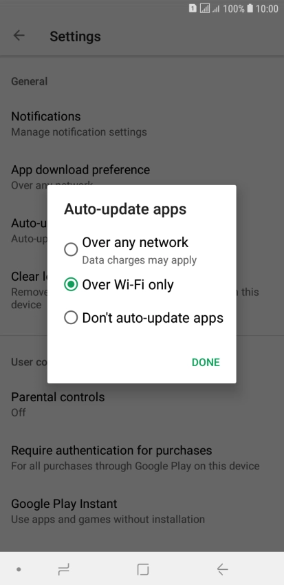 To turn on automatic update of apps using mobile network, press Over any network Data charges may apply.