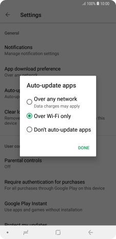 To turn on automatic update of apps using mobile network, press Over any network. Data charges may apply.